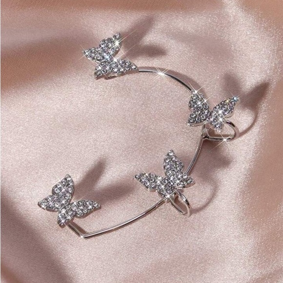 Silver Butterfly Ear Cuff/Ear Climber With Rhinestones - Picture 4 of 14